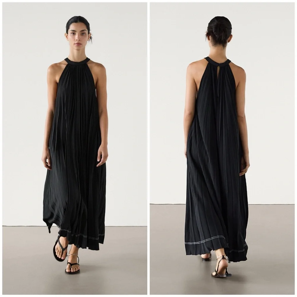 Massimo Dutti ~ Pleated halter midi dress w/ packets - Picture 1 of 5